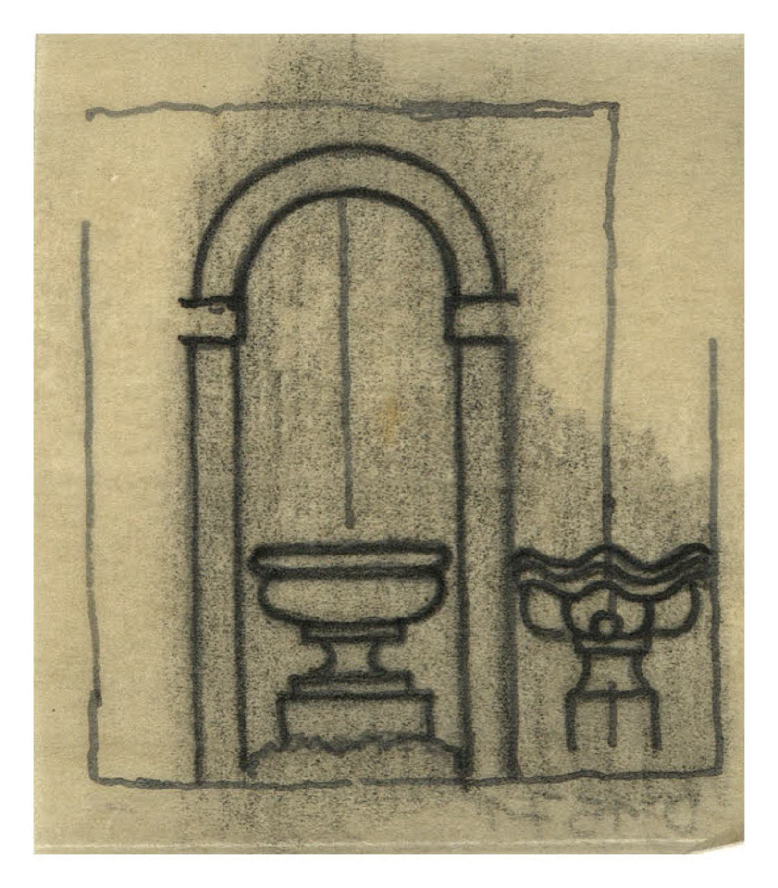 Arco e due fontane (disegno) di Disertori, Benvenuto Maria (prima metà sec. XX)