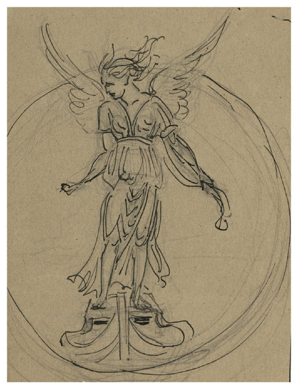 Figura femminile alata in piedi su una barca (disegno) di Disertori, Benvenuto Maria (prima metà sec. XX)