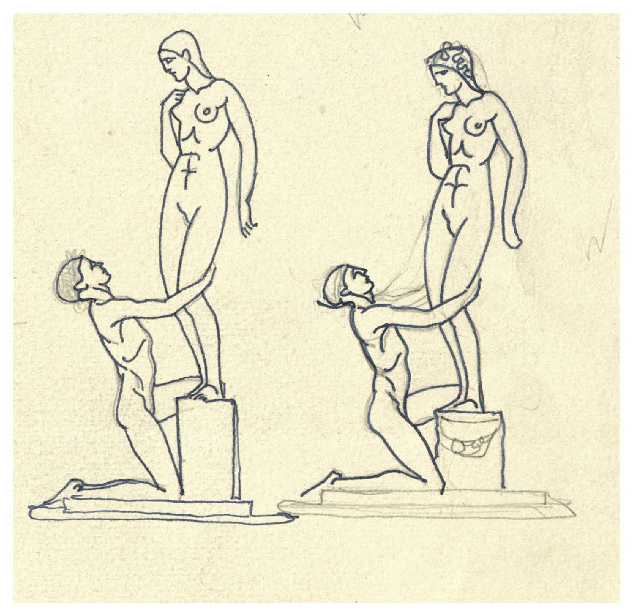 Due figure, una in ginocchio. Doppio disegno preparatorio per la copertina di George Bernard Shaw, Pigmalione, Milano, Mondadori, 1928 (disegno) di Disertori, Benvenuto Maria (sec. XX)