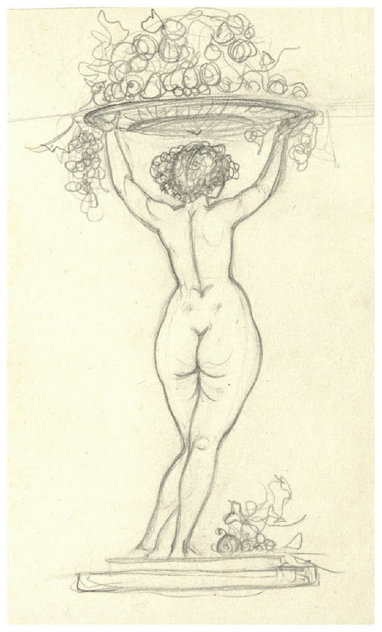 Nudo femminile di spalle che solleva una cesta colma di frutti (disegno) di Disertori, Benvenuto Maria (prima metà sec. XX)