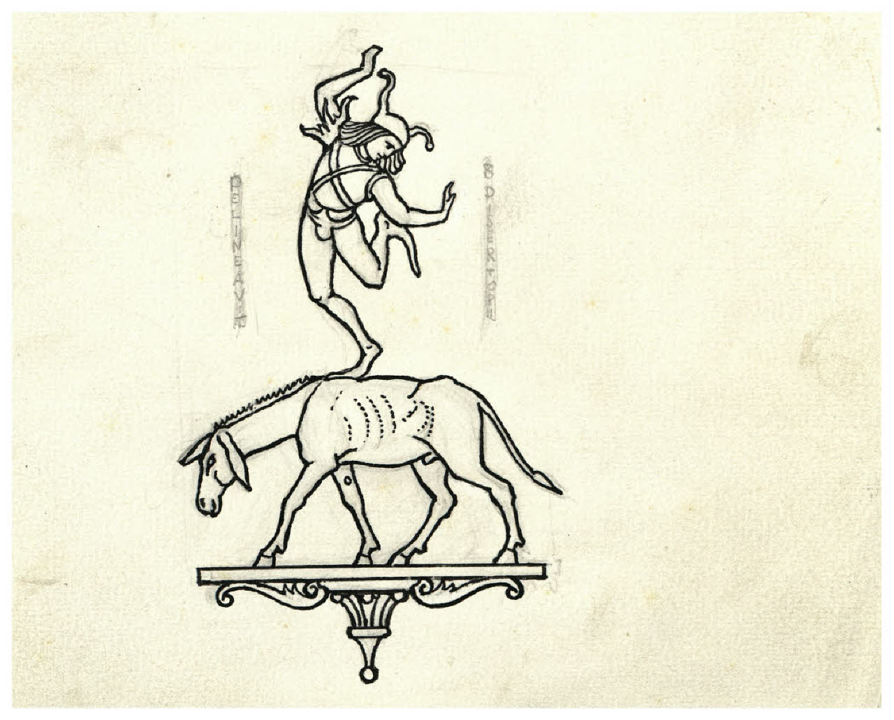 Giullare in piedi sopra un asino. Studio per illustrazione (disegno) di Disertori, Benvenuto Maria (prima metà sec. XX)
