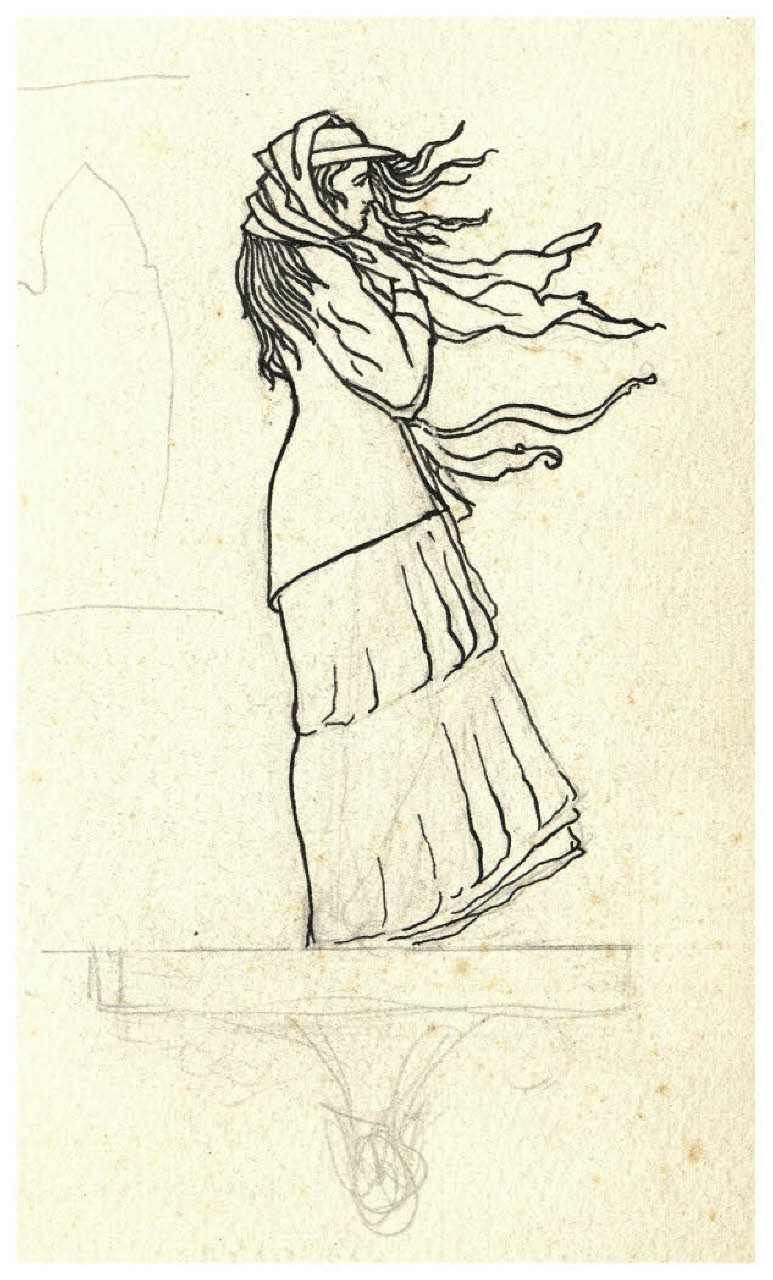 Figura femminile con abito lungo, mosso dal vento. Studio per illustrazione (disegno) di Disertori, Benvenuto Maria (prima metà sec. XX)