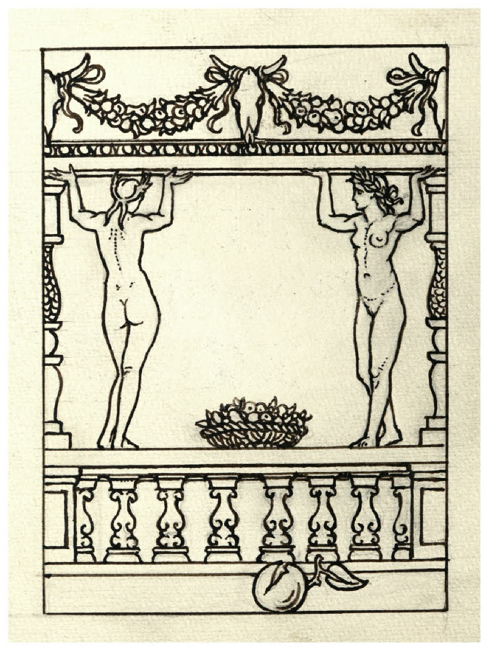 Nudi femminili su una balaustra. Studio per il frontespizio di Gabriele D'Annunzio, Il Piacere (disegno) di Disertori, Benvenuto Maria (prima metà sec. XX)