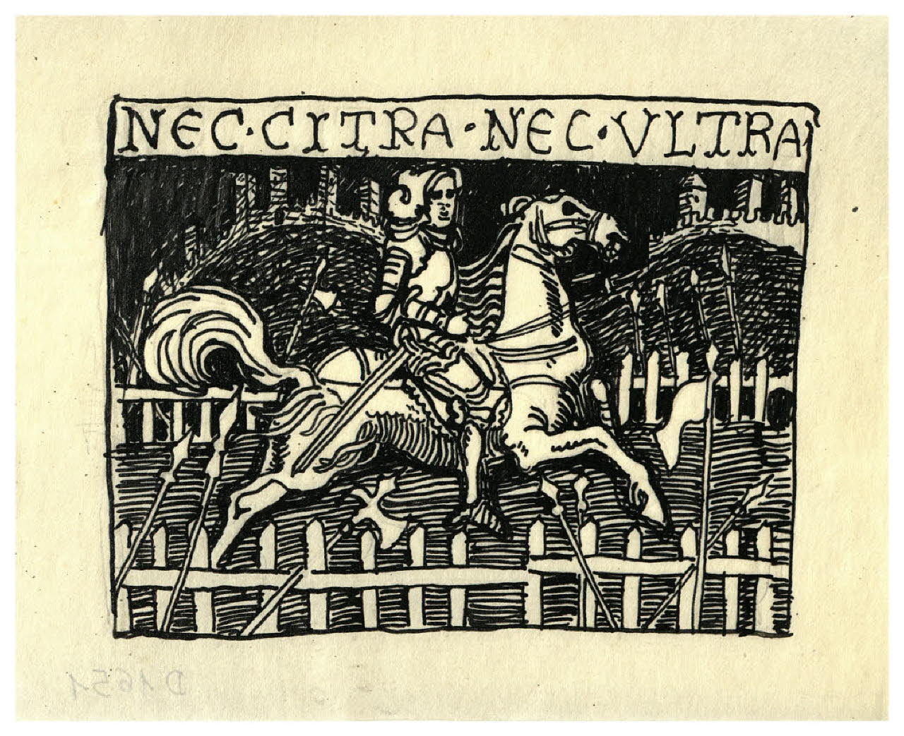 Cavaliere oltre una steccata - Nec citra nec ultra (disegno) di Disertori, Benvenuto Maria (prima metà sec. XX)