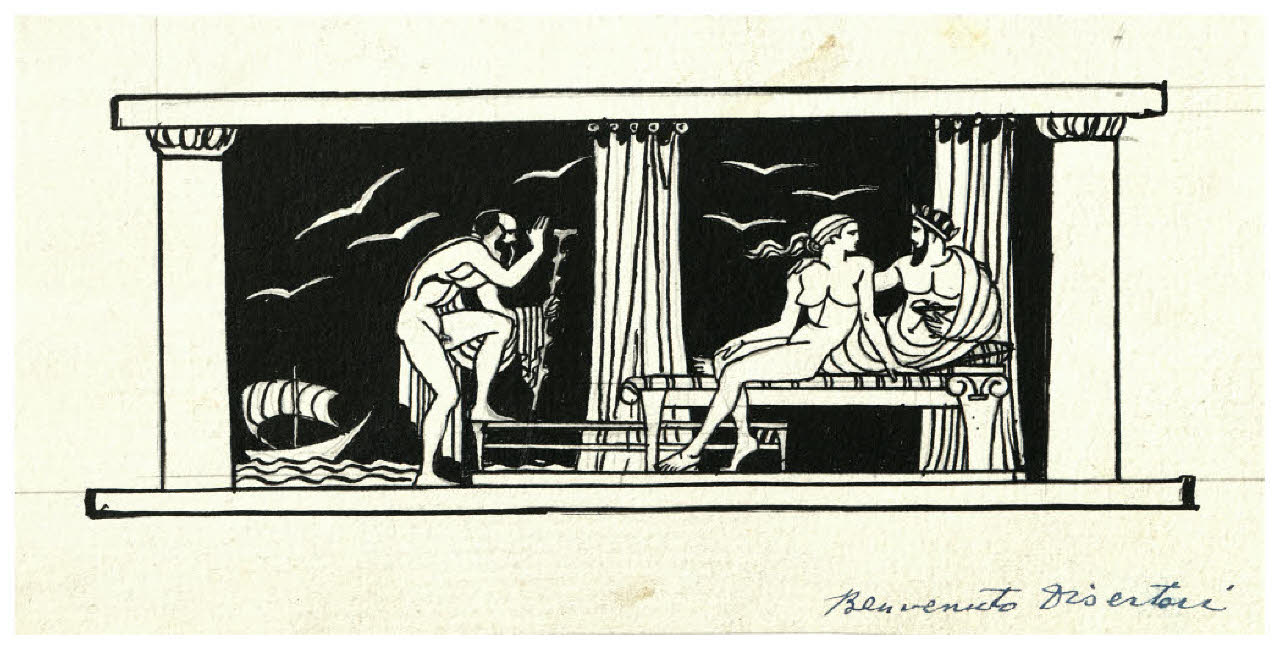 Scena antica (disegno preparatorio per il fregio all'inizio dell'Atto terzo di Raffaele Calzini, La tela di Penelope, Roma-Milano, Mondadori, 1922) (disegno) di Disertori, Benvenuto Maria (sec. XX)