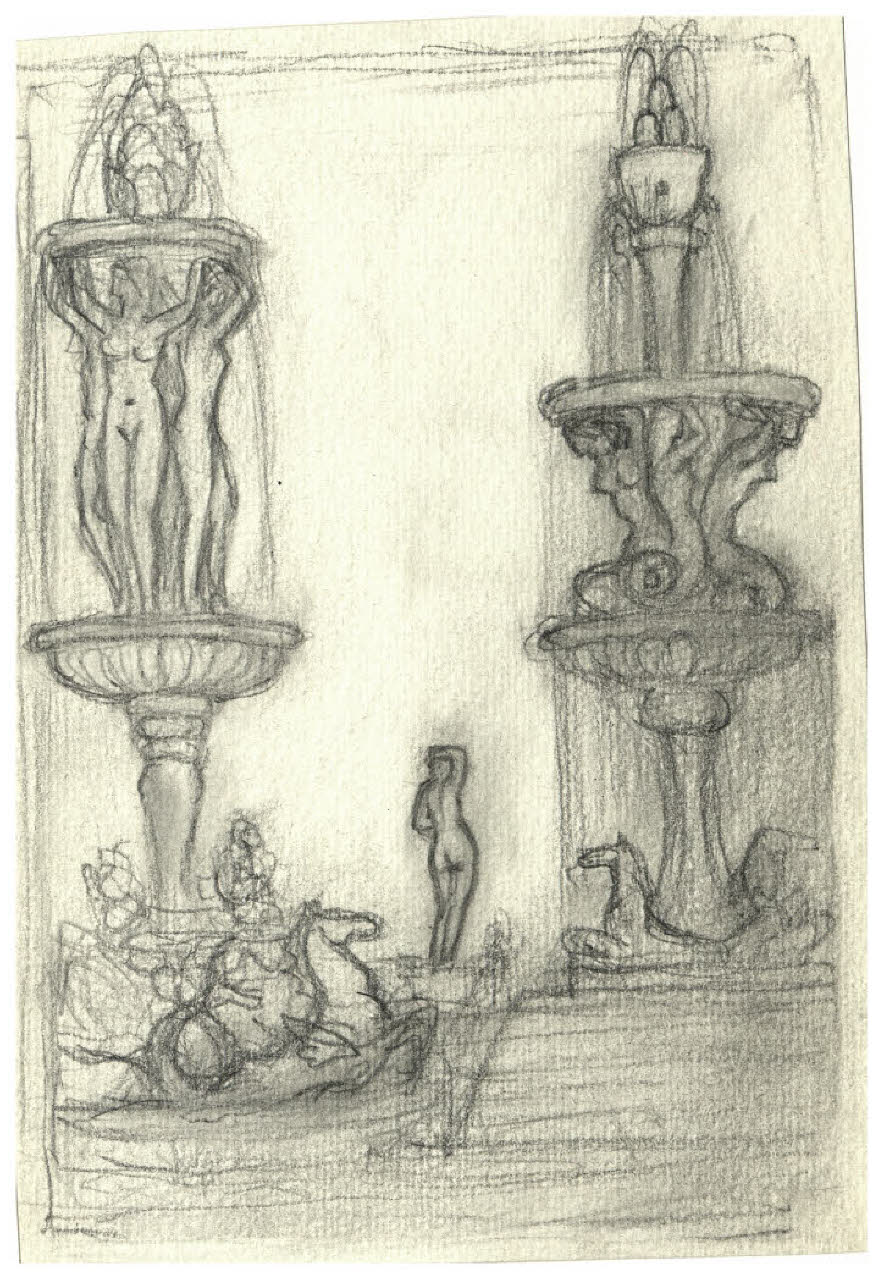 Giardino con due alte fontane e un piccolo nudo femminile (disegno) di Disertori, Benvenuto Maria (prima metà sec. XX)