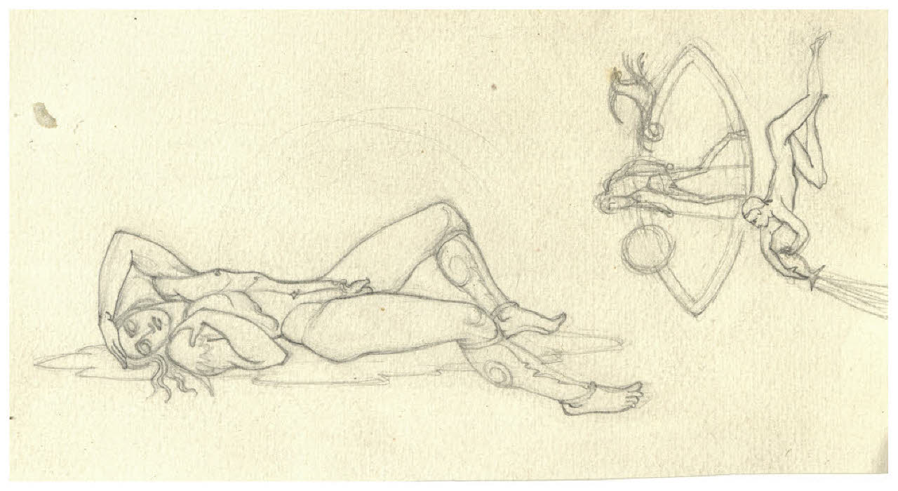 Nudo maschile (disegno preparatorio per la figura di Marte nell'acquaforte, mai realizzata, Il Pianeta Marte); Bozzetto per l'acquaforte, mai realizzata, il Pianeta Saturno (disegno) di Disertori, Benvenuto Maria (sec. XX)