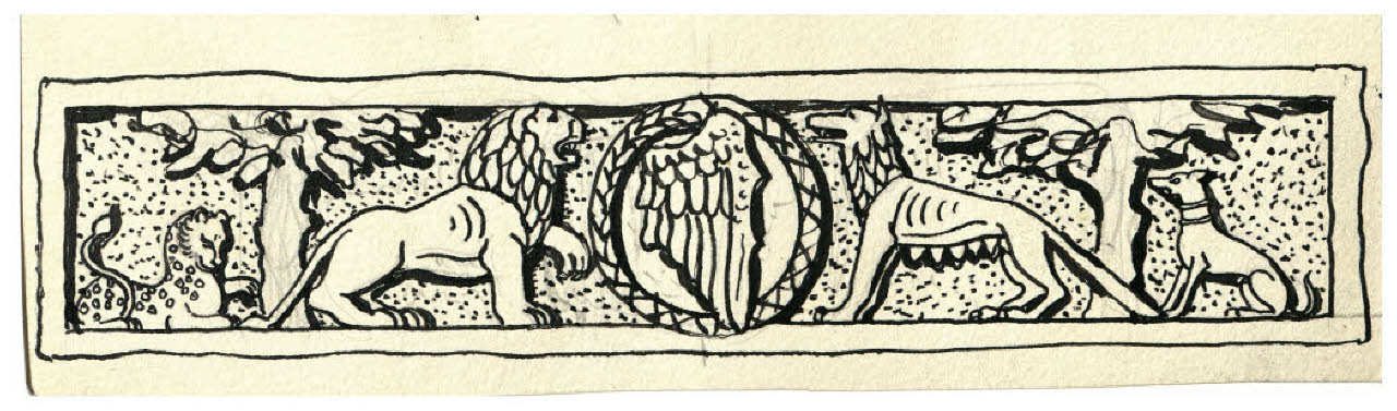 Fregio con quattro fiere, tra cui un leone e una lupa, al centro stemma con un'ala. Studio per testata del Canto I della Divina Commedia (disegno) di Disertori, Benvenuto Maria (prima metà sec. XX)