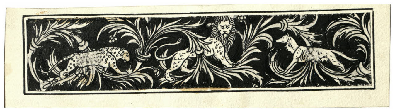 Fregio con motivo vegetale e fiere dantesche (leone, lupa, lonza). Studio per una testata: Canto I della Divina Commedia (?) (disegno) di Disertori, Benvenuto Maria (prima metà sec. XX)