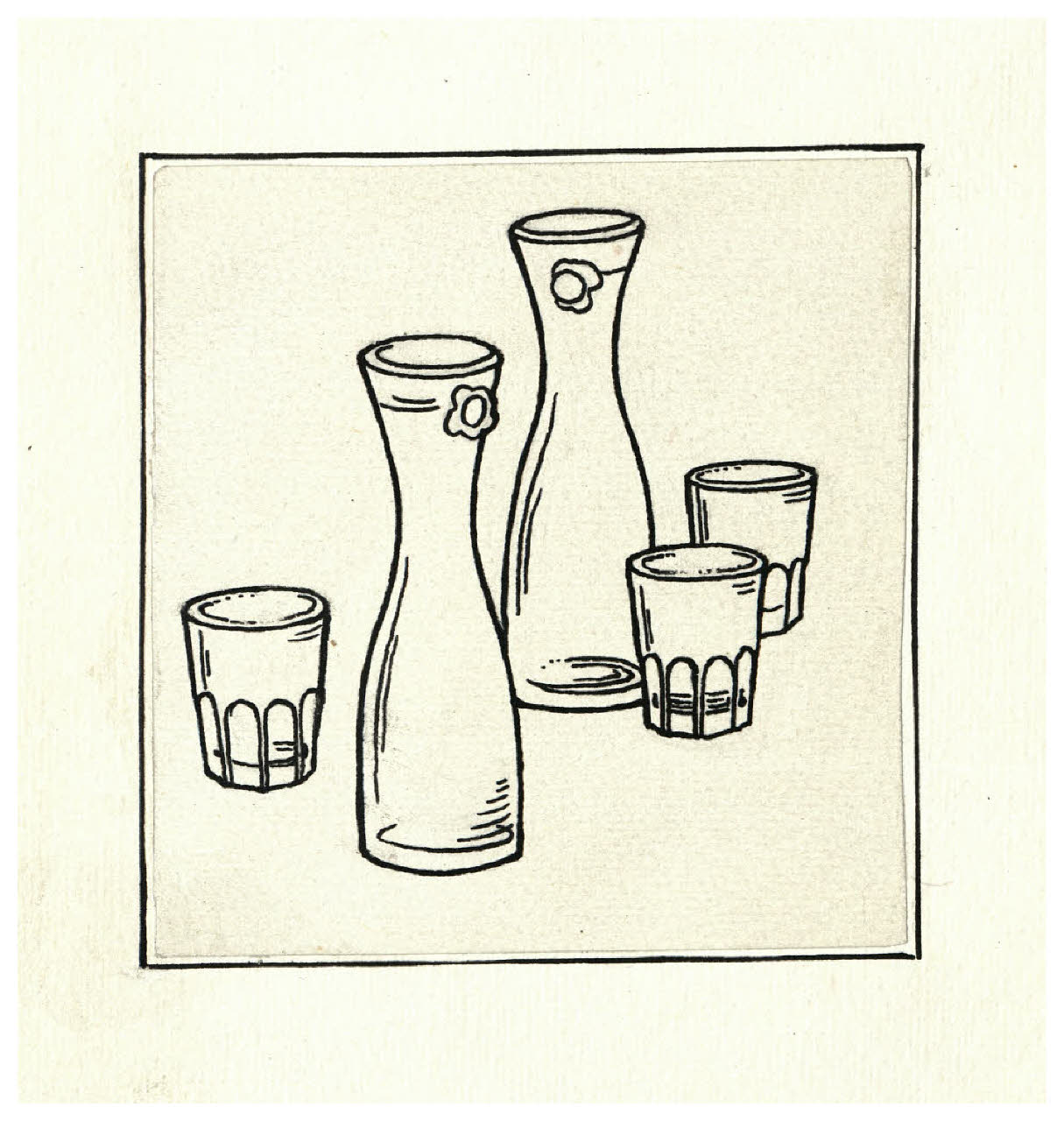 Tre bicchieri e due caraffe. Studio per illustrazione (disegno) di Disertori, Benvenuto Maria (prima metà sec. XX)