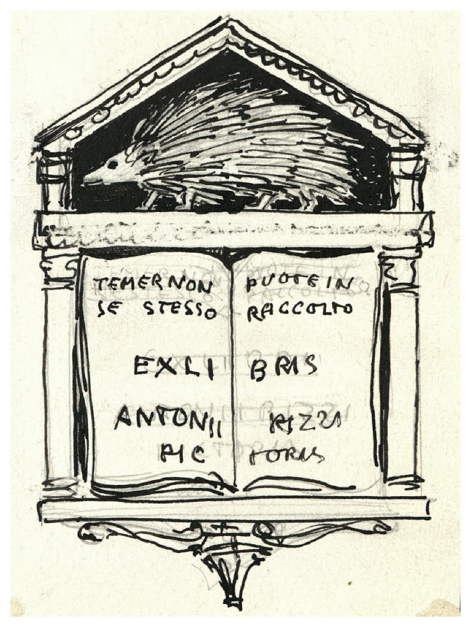 Leggio e riccio - Temer non puote in se stesso raccolto (disegno preparatorio per un ex libris, non realizzato, per Antonio Rizzi) (disegno) di Disertori, Benvenuto Maria (prima metà sec. XX)