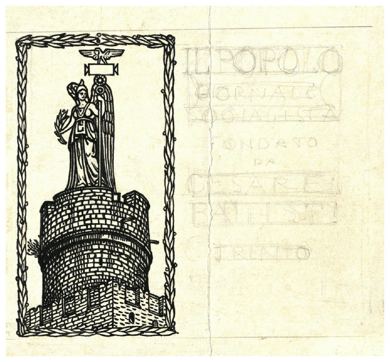 Torre di Augusto a Trento - Il Popolo: giornale socialista fondato da Cesare Battisti, Trento. Disegno preparatorio per la tessera dei corrispondenti del giornale (disegno) di Disertori, Benvenuto Maria (prima metà sec. XX)