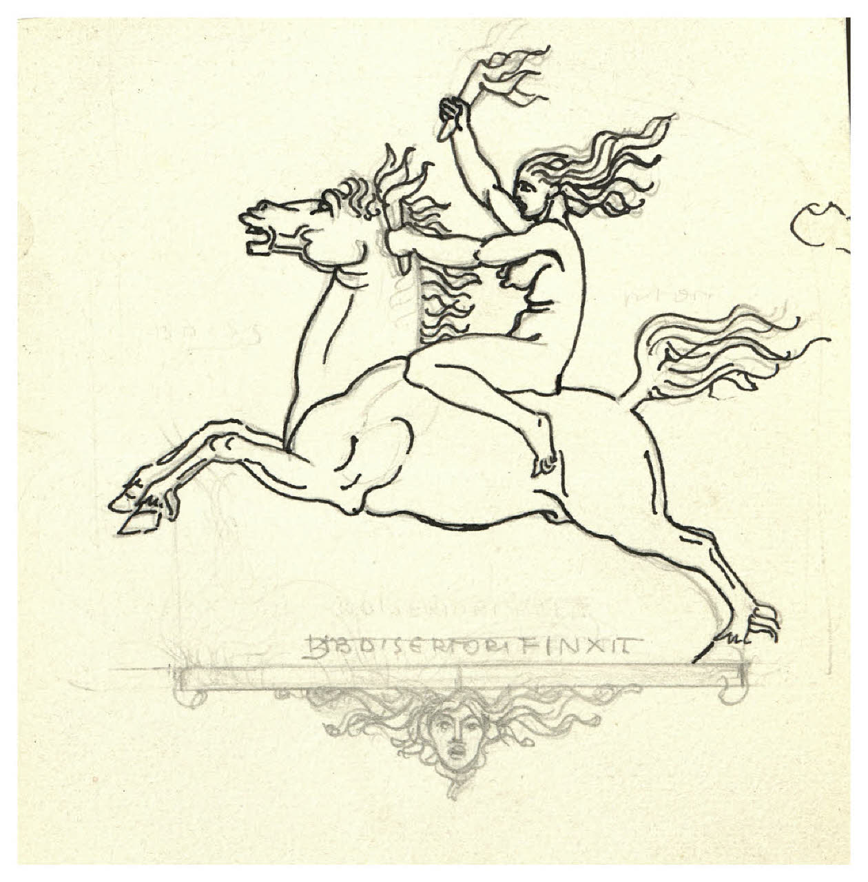 Donna nuda a cavallo con in mano una fiaccola (studio per illustrazione) (disegno) di Disertori, Benvenuto Maria (prima metà sec. XX)