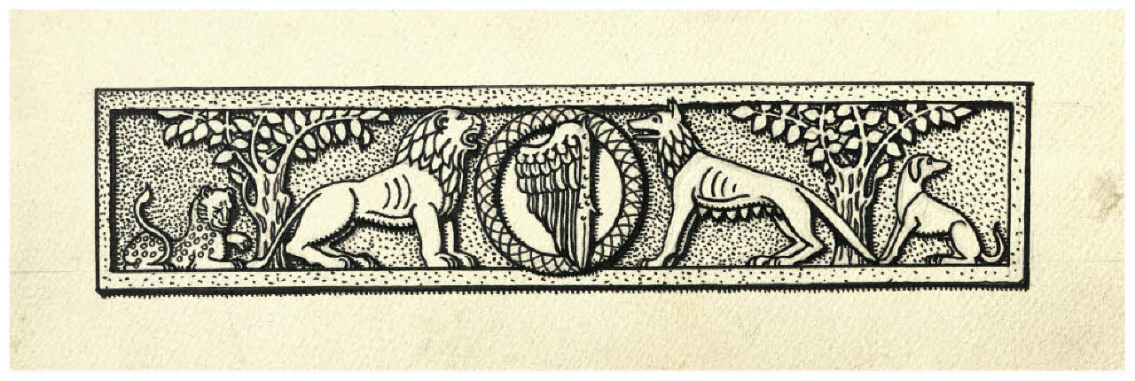 Fregio con quattro fiere, tra cui un leone e una lupa, al centro stemma con un'ala. Studio per testata del Canto I della Divina Commedia (disegno) di Disertori, Benvenuto Maria (prima metà sec. XX)