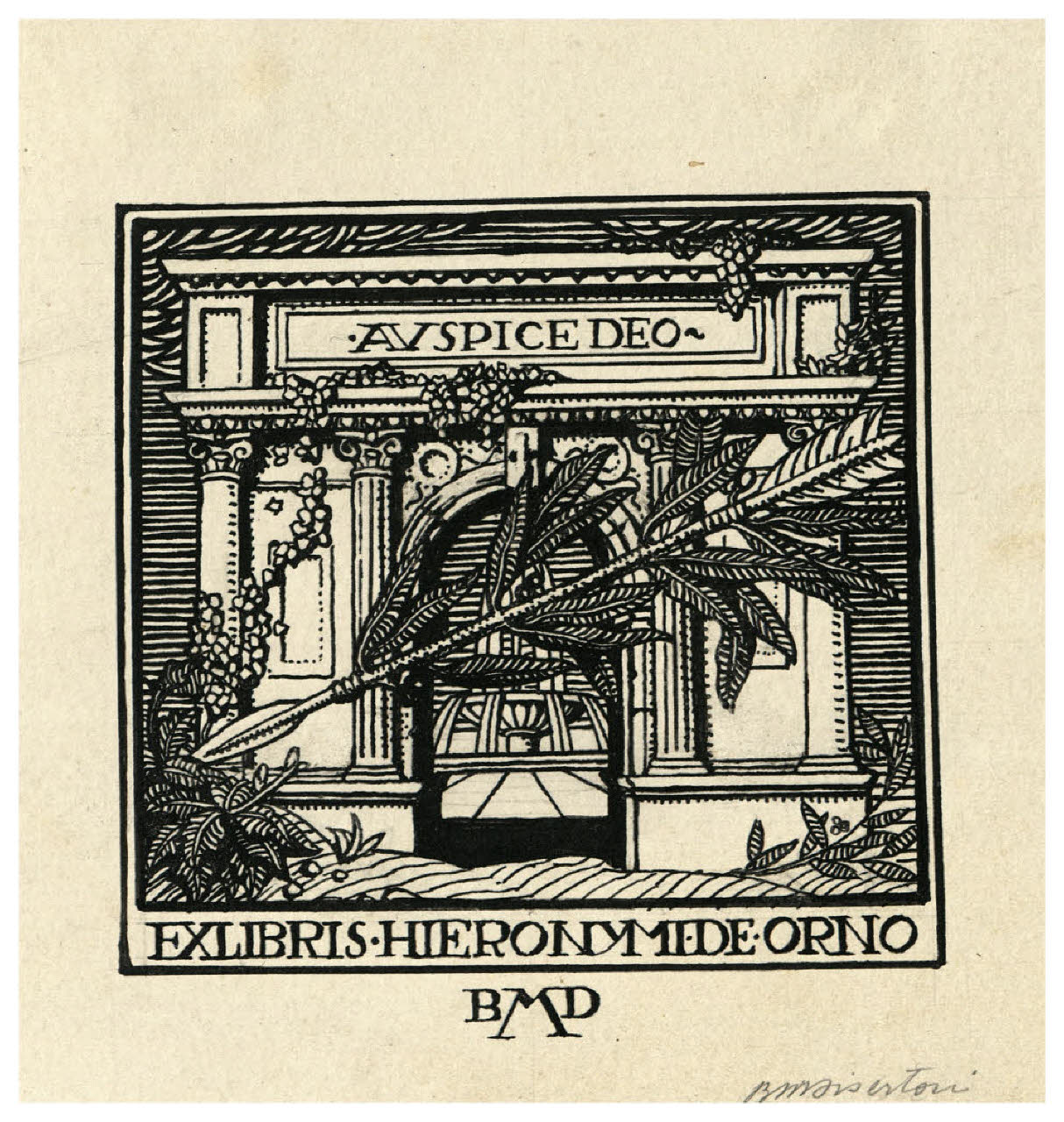 Arco di trionfo e freccia - Auspice Deo (studio per l'ex libris per Hieronymus de Orno) (disegno) di Disertori, Benvenuto Maria (prima metà sec. XX)