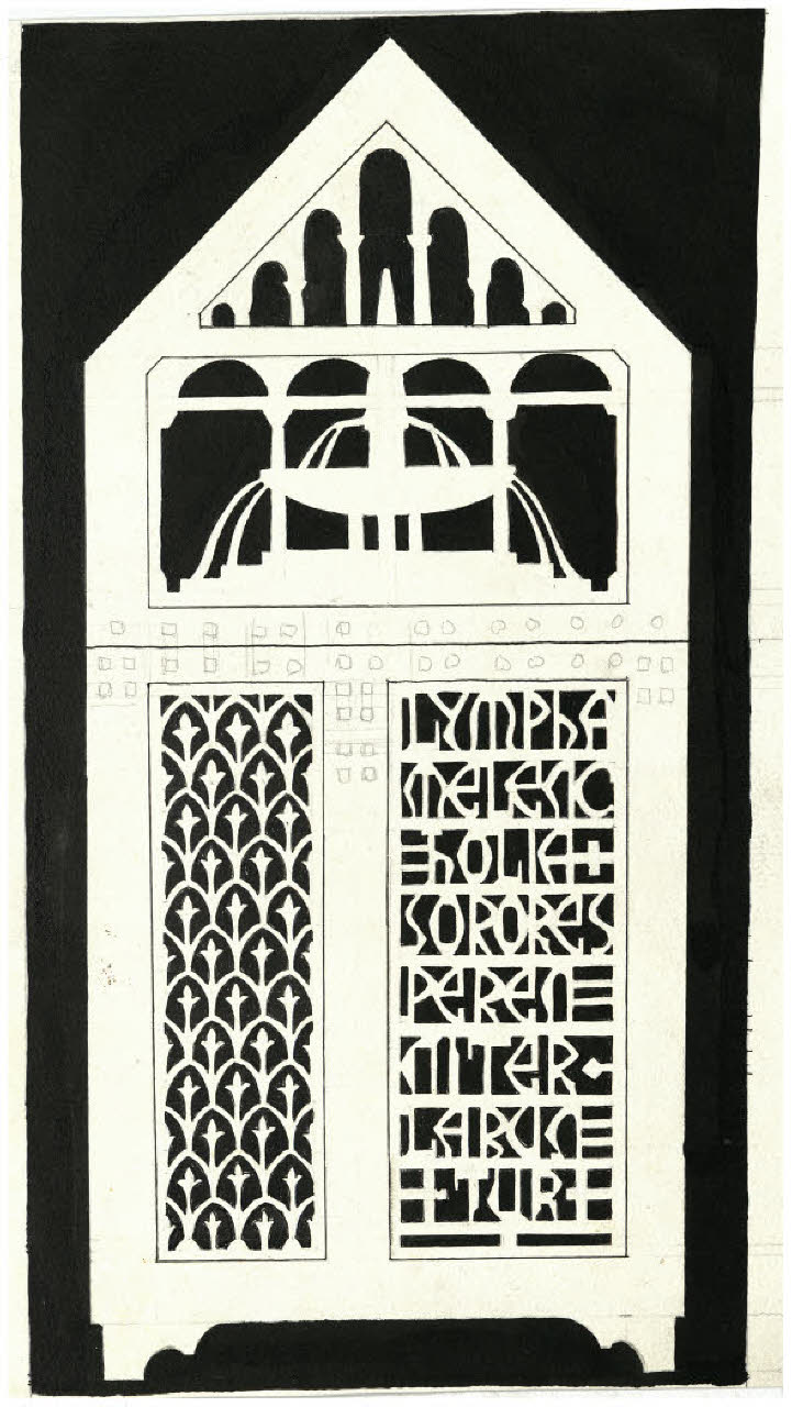Progetto per un cofanetto con fontana: fianco - Lympha melencholia sorores perenniter labuntus (disegno) di Disertori, Benvenuto Maria (prima metà sec. XX)