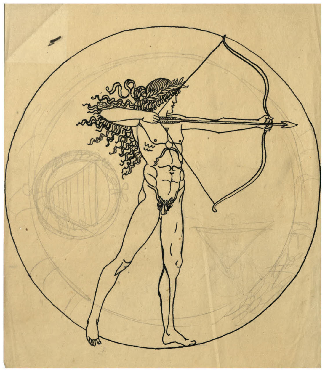 Apollo saettatore. Disegno preparatorio per l'acquaforte, mai realizzata, Il Pianeta Sole (disegno) di Disertori, Benvenuto Maria (prima metà sec. XX)