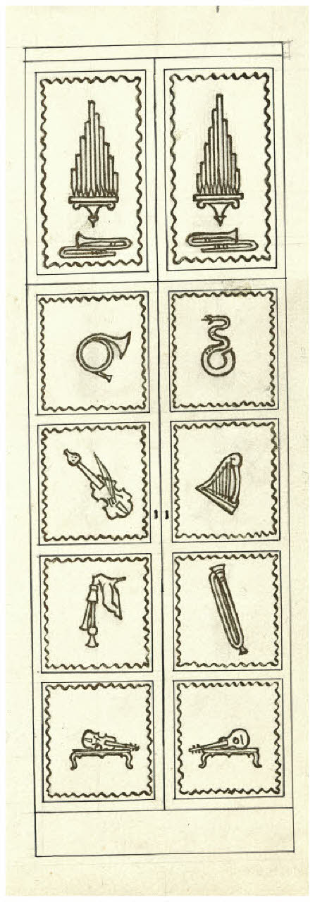 Due alte ante scompartite con diversi strumenti musicali (disegno) di Disertori, Benvenuto Maria (prima metà sec. XX)