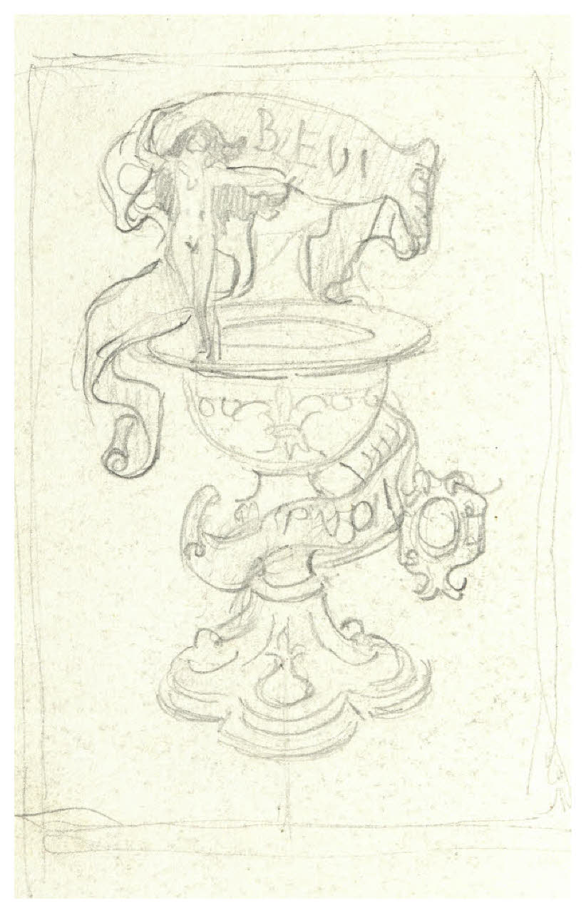 Piccolo nudo femminile in piedi su una grande coppa - Bevi puoi (disegno) di Disertori, Benvenuto Maria (prima metà sec. XX)