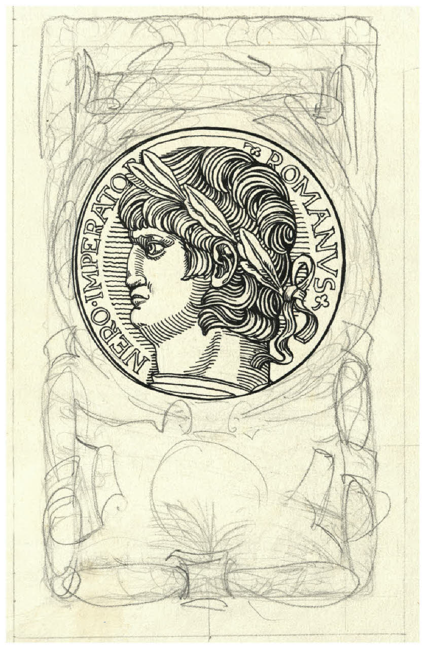 Fregio con medaglione ritratto dell'imperatore Nerone - Nero Imperator Romanus (disegno) di Disertori, Benvenuto Maria (prima metà sec. XX)