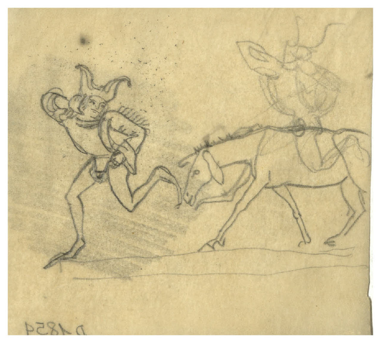 Giullare che corre davanti a un asino. Studio per illustrazione (disegno) di Disertori, Benvenuto Maria (prima metà sec. XX)