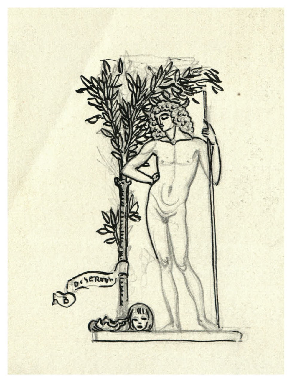 Figura maschile nuda e con le corna accanto a un albero. Disegno preparatorio per illustrazione (disegno) di Disertori, Benvenuto Maria (prima metà sec. XX)
