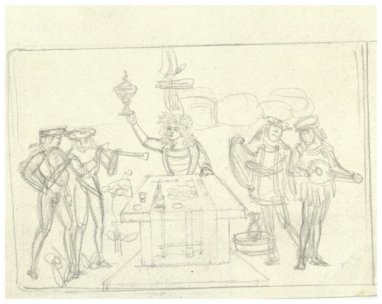 Scena di banchetto con figure in costume medioevale. Studio per illustrazione (disegno) di Disertori, Benvenuto Maria (prima metà sec. XX)