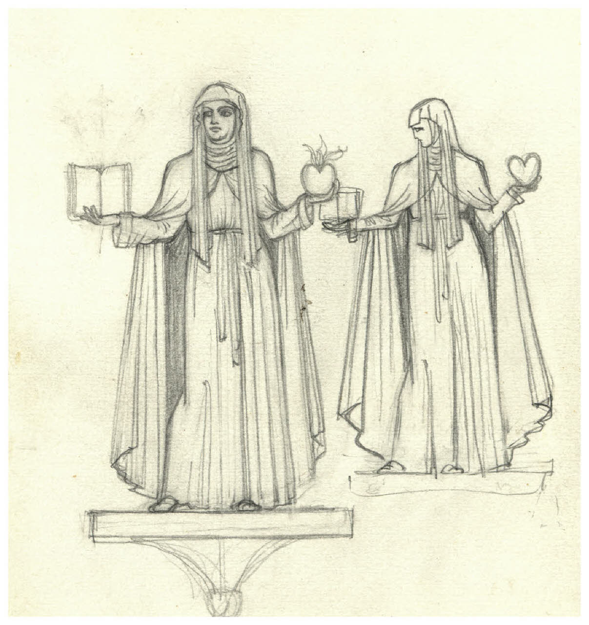 Doppio studio per una santa monaca con un libro in una mano e nell'altra un cuore fiammante. Studio per illustrazione (disegno) di Disertori, Benvenuto Maria (prima metà sec. XX)