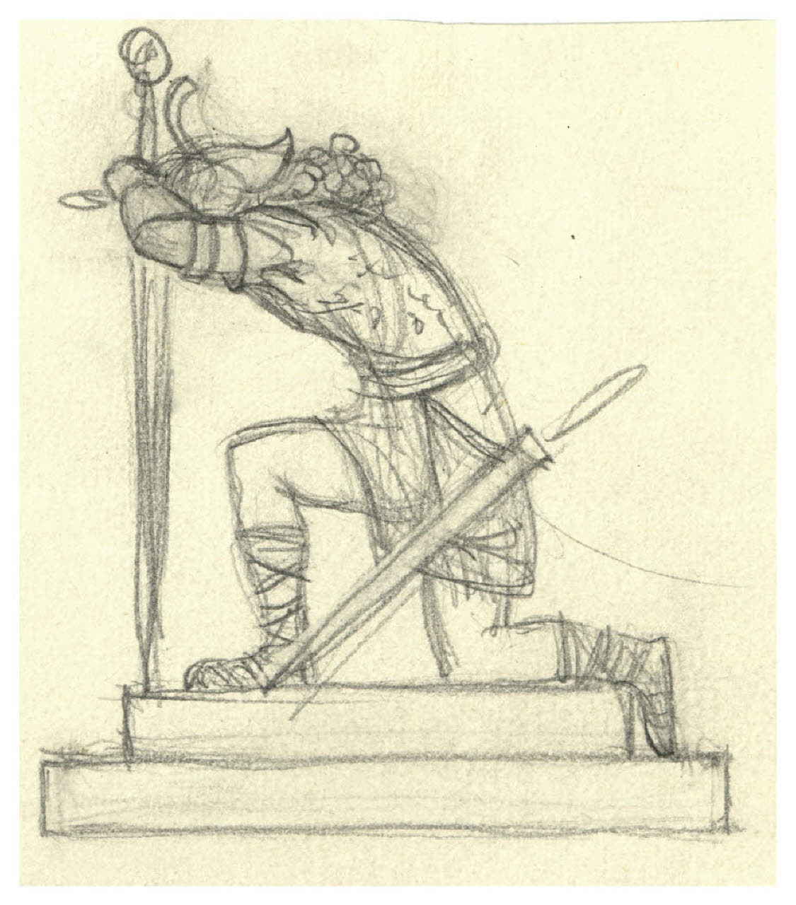 Guerriero in ginocchio davanti ad una spada. Studio per illustrazione (disegno) di Disertori, Benvenuto Maria (prima metà sec. XX)