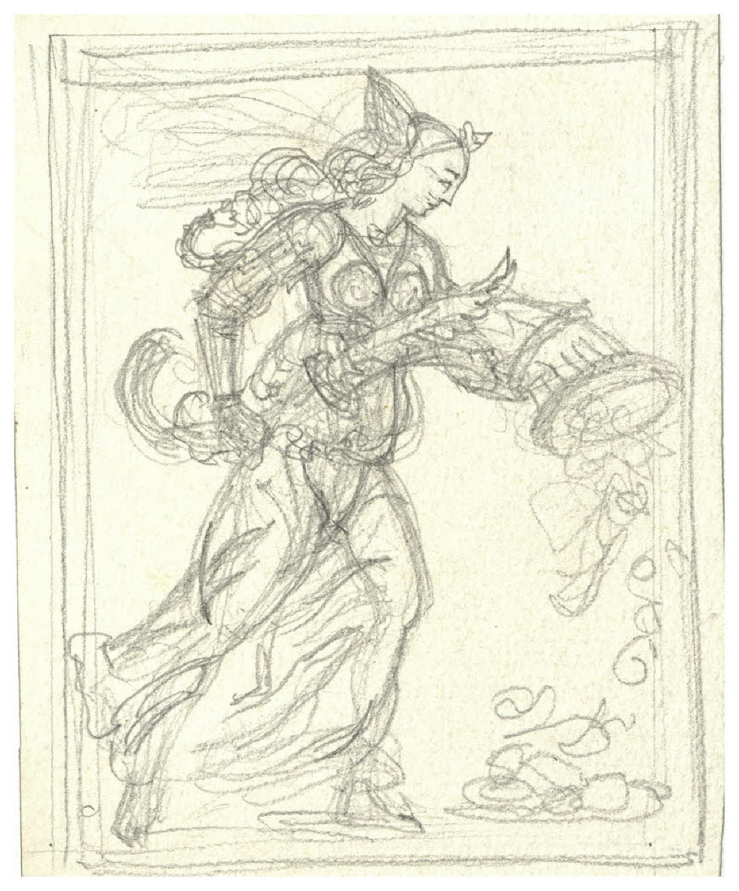 Figura femminile con le ali al capo che avanza verso destra con una cornucopia (disegno) di Disertori, Benvenuto Maria (prima metà sec. XX)