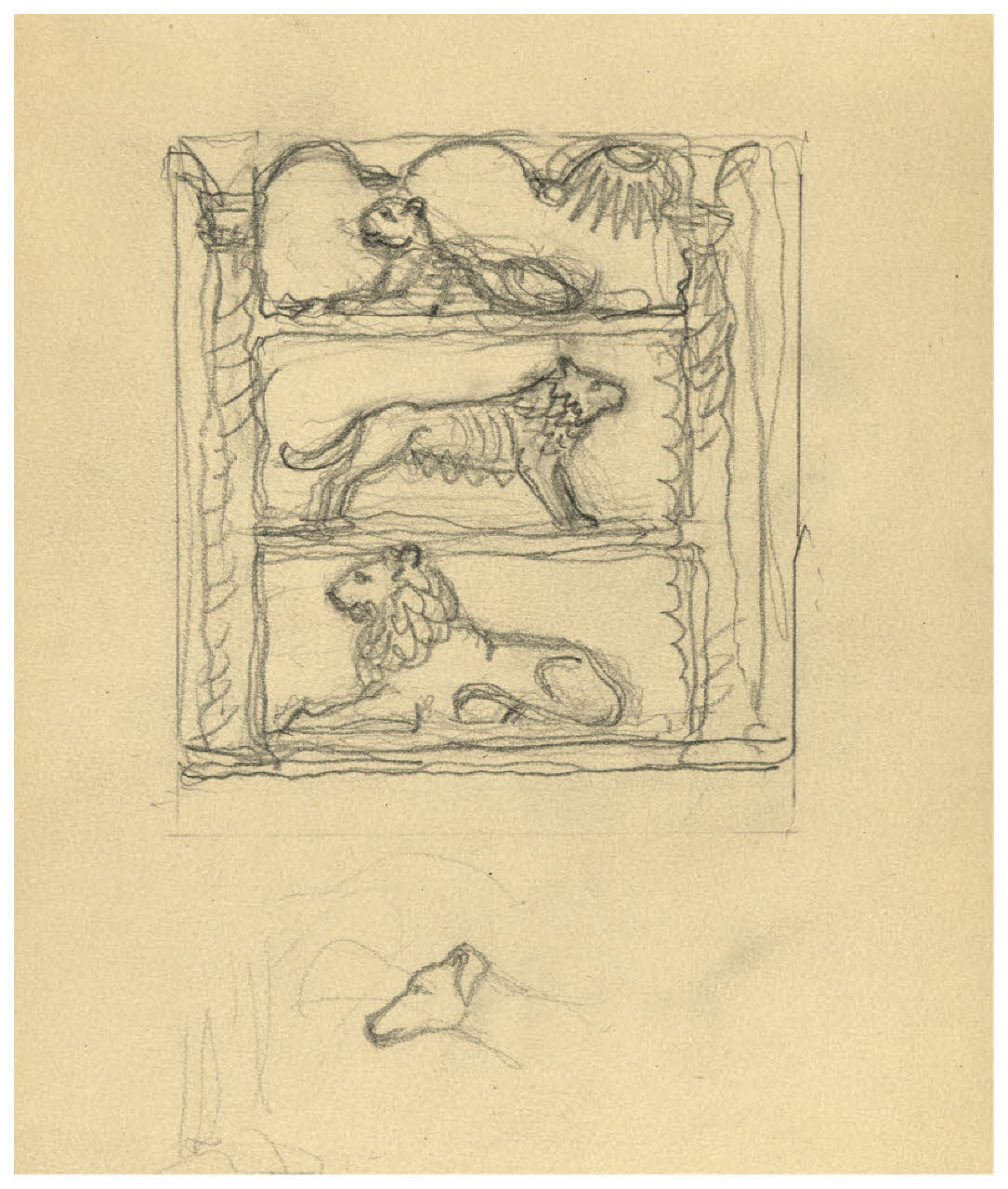 Fregio con tre fiere dantesche (?) (disegno) di Disertori, Benvenuto Maria (prima metà sec. XX)