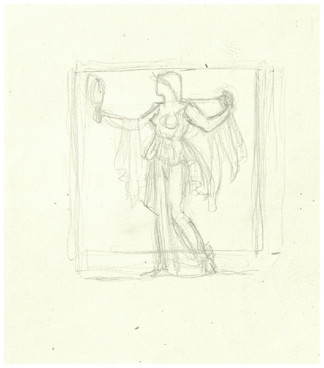 Figura femminile allegorica che tiene in mano uno specchio (disegno preparatorio per la copertina di Giovanni Papini, Filosofia e letteratura, Milano, Mondadori, 1961) (disegno) di Disertori, Benvenuto Maria (sec. XX)
