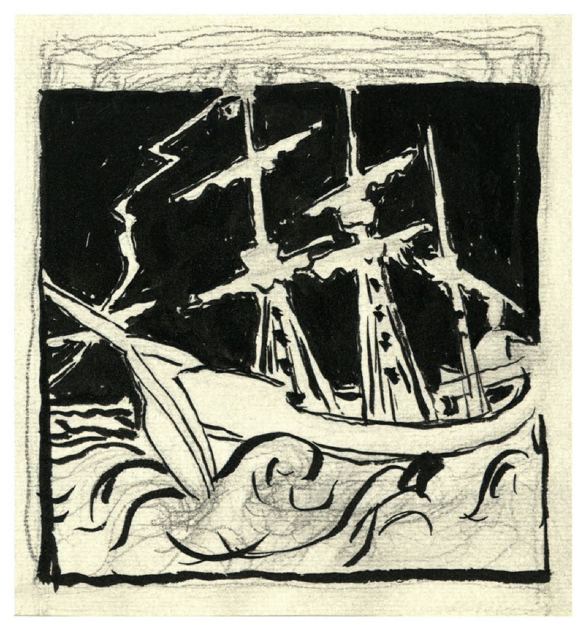 Nave tra i flutti. Studio per illustrazione (disegno) di Disertori, Benvenuto Maria (prima metà sec. XX)