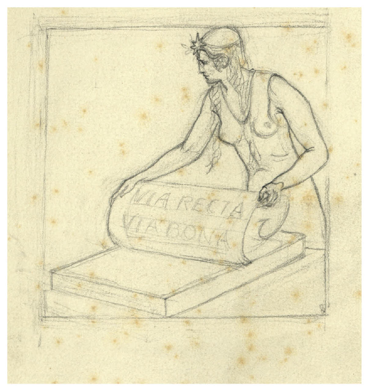 Figura femminile allegorica che solleva un foglio da una pietra litografica - Via recta Via bona (disegno) di Disertori, Benvenuto Maria (prima metà sec. XX)