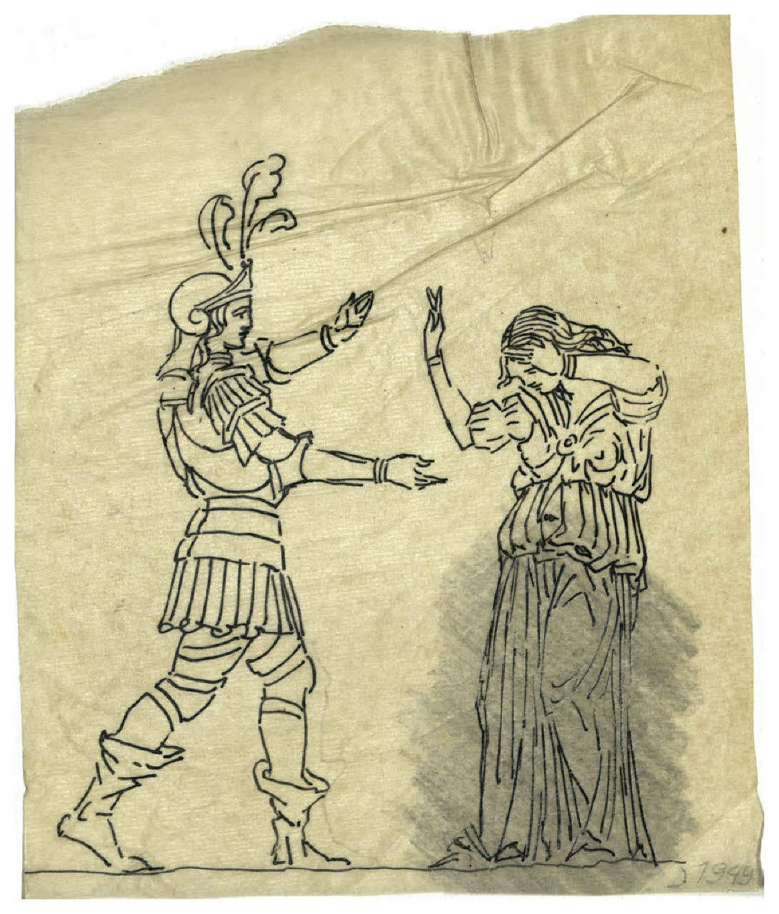 Uomo in armatura antica che avanza verso una donna che si ritrae (disegno) di Disertori, Benvenuto Maria (prima metà sec. XX)