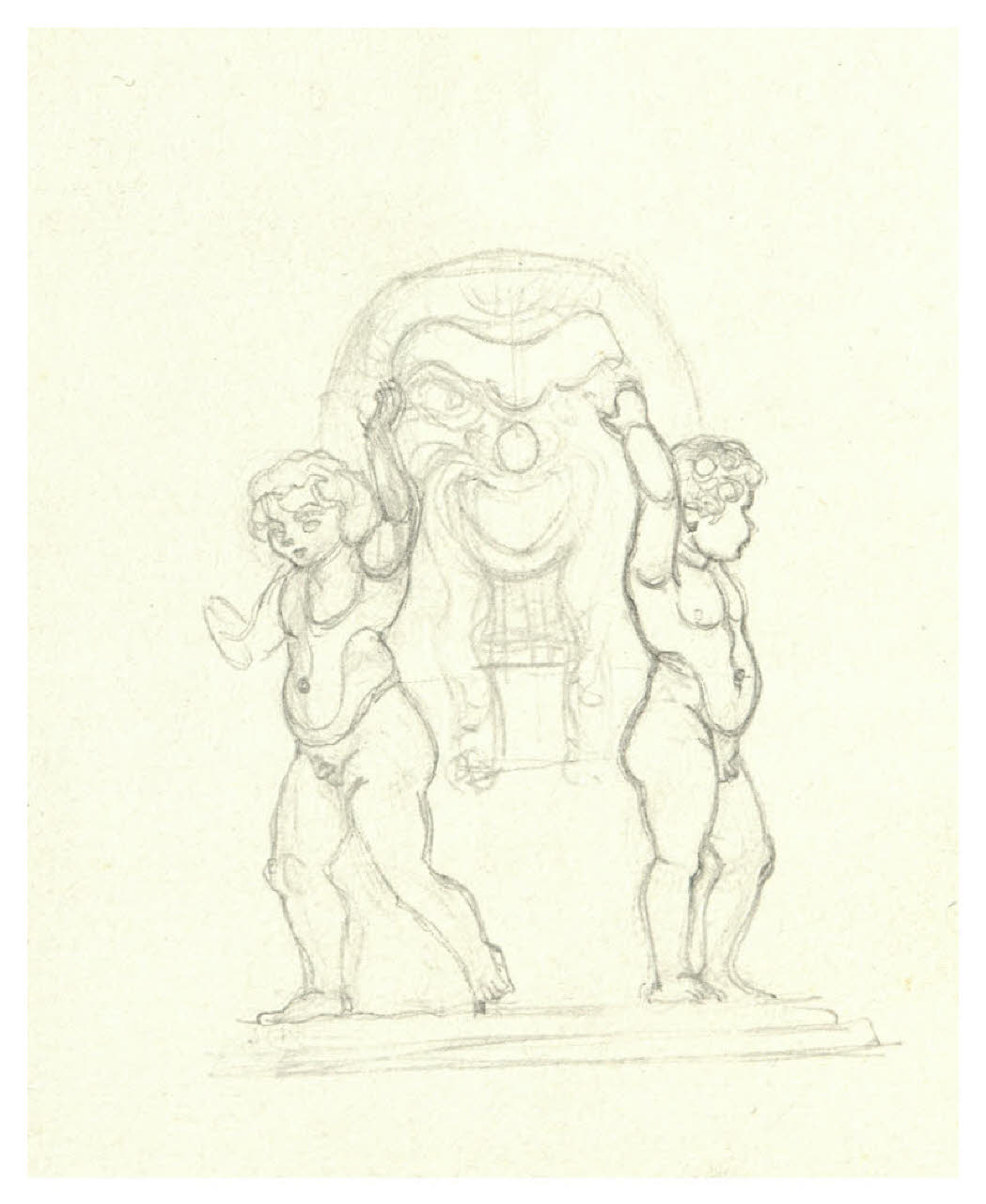Due putti ai lati di un mascherone. Disegno preparatorio per la copertina di George Bernard Shaw, La prima commedia di Fanny, Milano, Mondadori, 1928 (disegno) di Disertori, Benvenuto Maria (sec. XX)