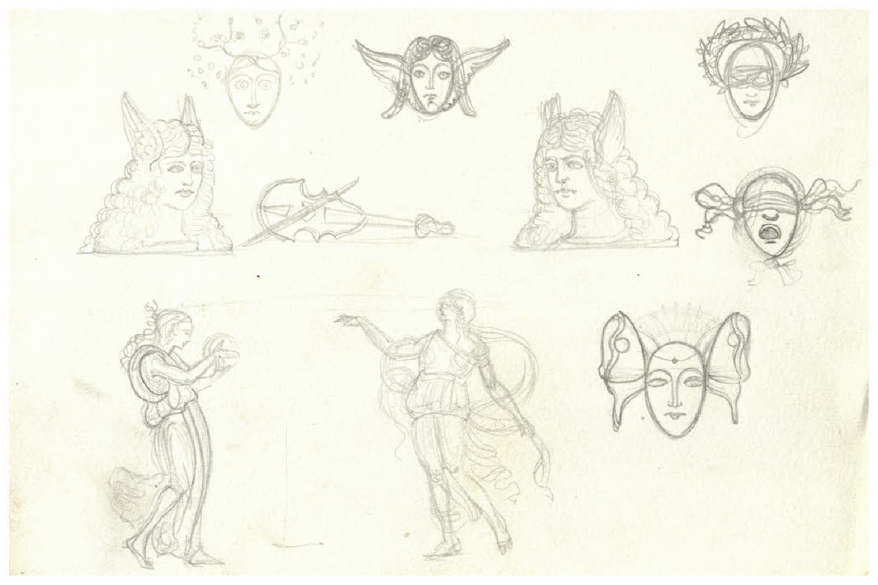 Studi di figure e di maschere (disegno) di Disertori, Benvenuto Maria (prima metà sec. XX)