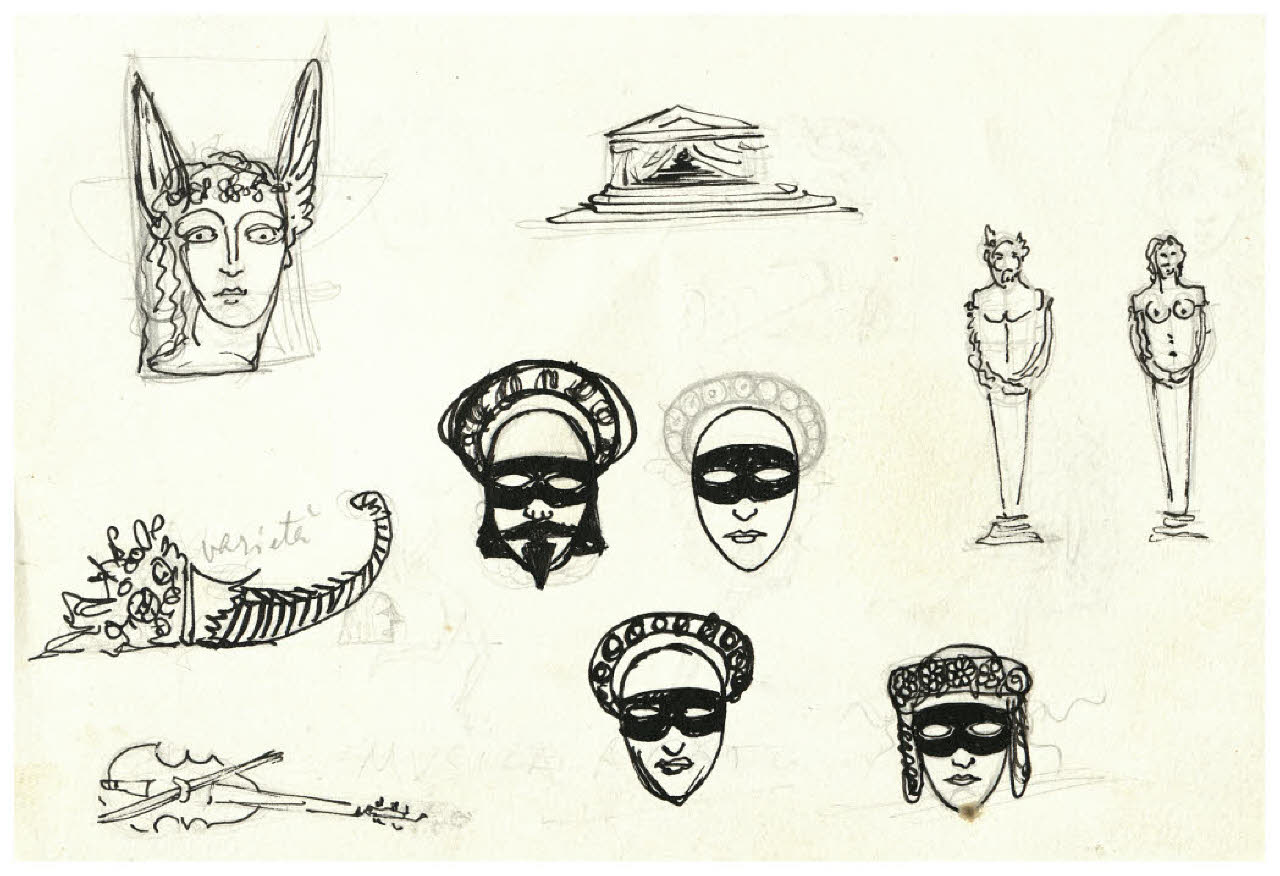 Studi di figure e di maschere (disegno) di Disertori, Benvenuto Maria (prima metà sec. XX)