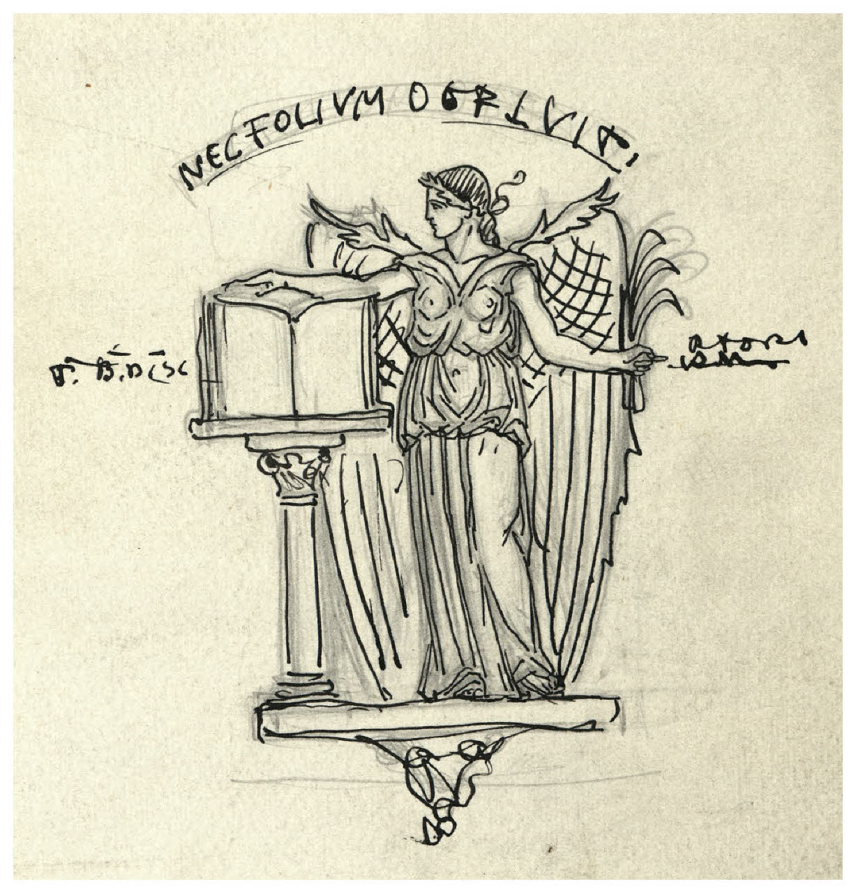 Gloria che sfoglia un libro aperto posto sopra una colonnina - Nec folium defluit. Disegno preparatorio per una marca dell'Istituto d'Arti Grafiche di Bergamo (?) (disegno) di Disertori, Benvenuto Maria (prima metà sec. XX)