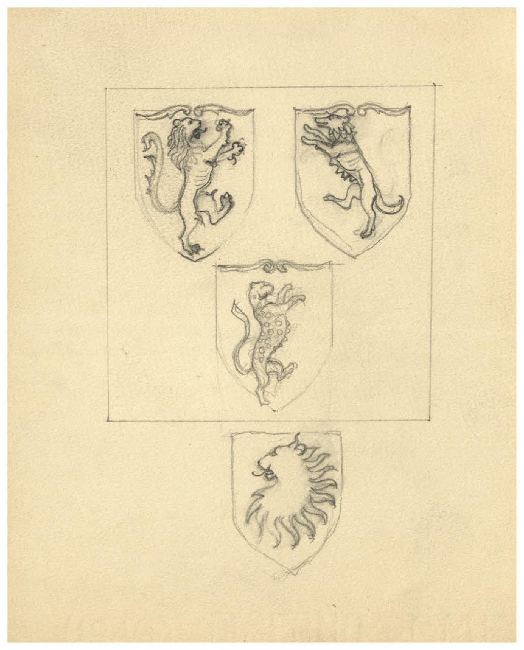 Studi di stemmi con animali rampanti. Disegno preparatorio per la copertina di Giovanni Pascoli, Prose, Milano, Mondadori, 1952 (?) (disegno) di Disertori, Benvenuto Maria (prima metà sec. XX)