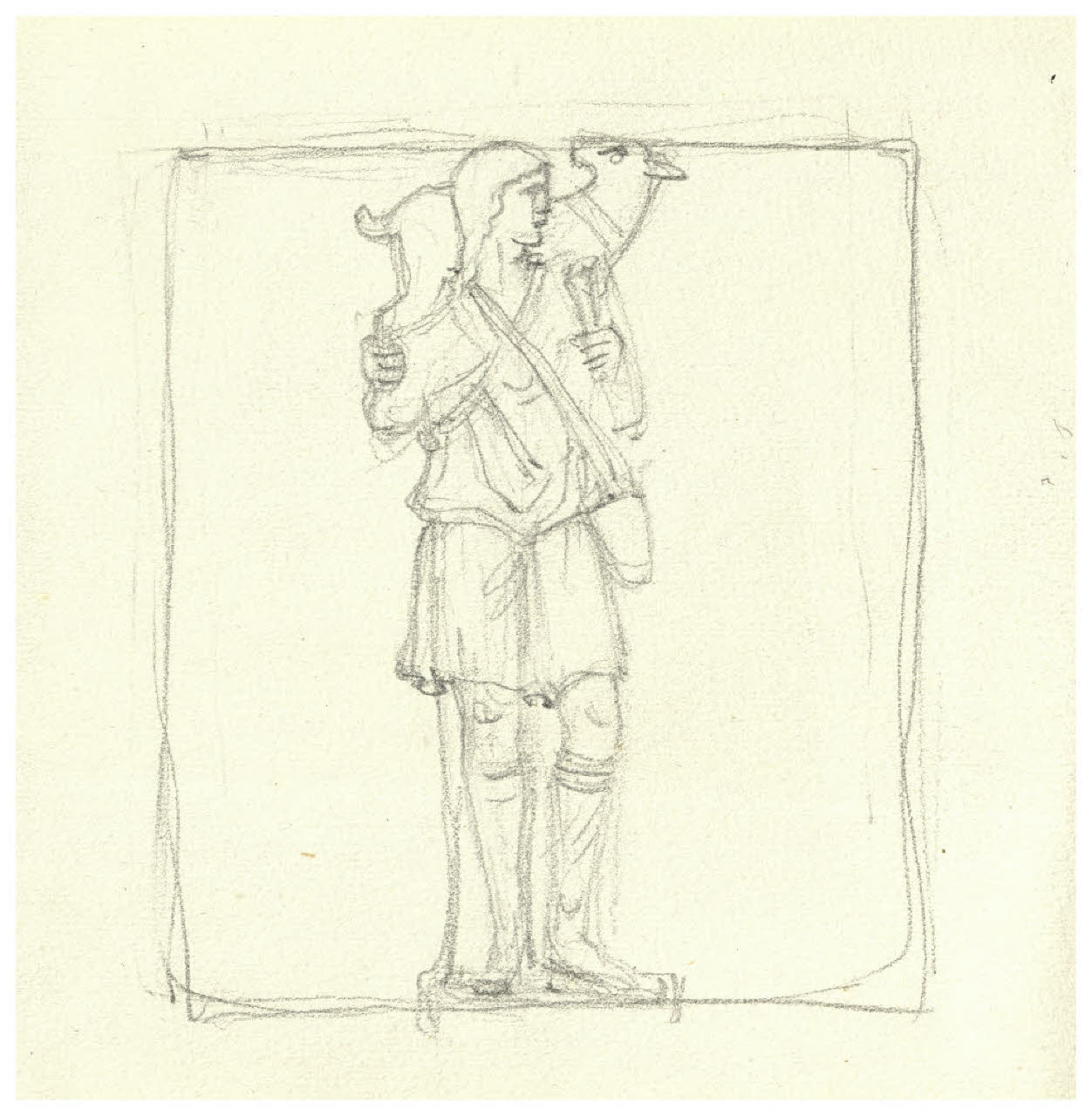 Pastore con pecora sulle spalle. Disegno preparatorio per la copertina di Giovanni Pascoli, Carmina, Milano, Mondadori, 1951 (disegno) di Disertori, Benvenuto Maria (sec. XX)