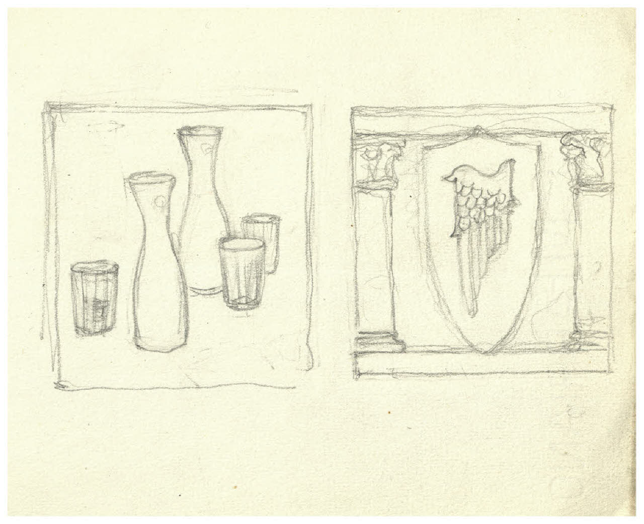 Tre bicchieri e due caraffe. Studio per illustrazione; Stemma con un'ala (disegno) di Disertori, Benvenuto Maria (prima metà sec. XX)