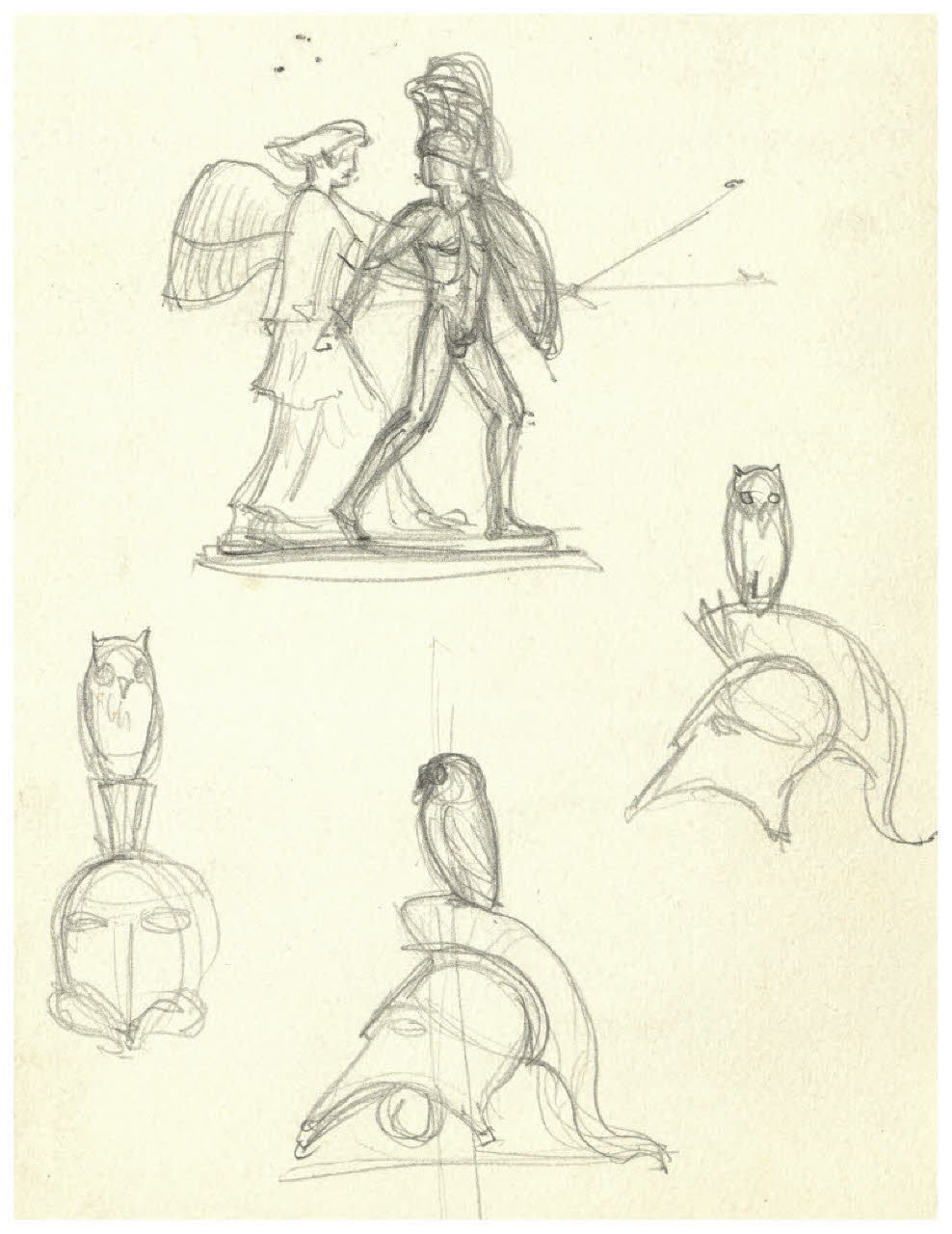 Studi di figure e per l'elmo di Minerva (disegno) di Disertori, Benvenuto Maria (prima metà sec. XX)