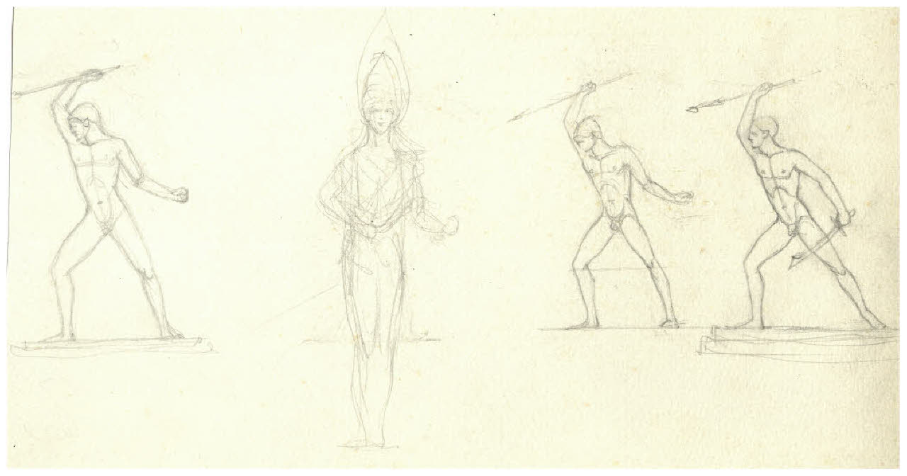 Studi di figura maschile nuda che scaglia una lancia. Studio per illustrazione (disegno) di Disertori, Benvenuto Maria (prima metà sec. XX)