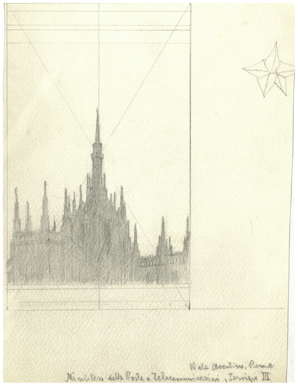 Duomo di Milano. Bozzetto di francobollo commemorativo della II Guerra di Indipendenza (disegno) di Disertori, Benvenuto Maria (prima metà sec. XX)