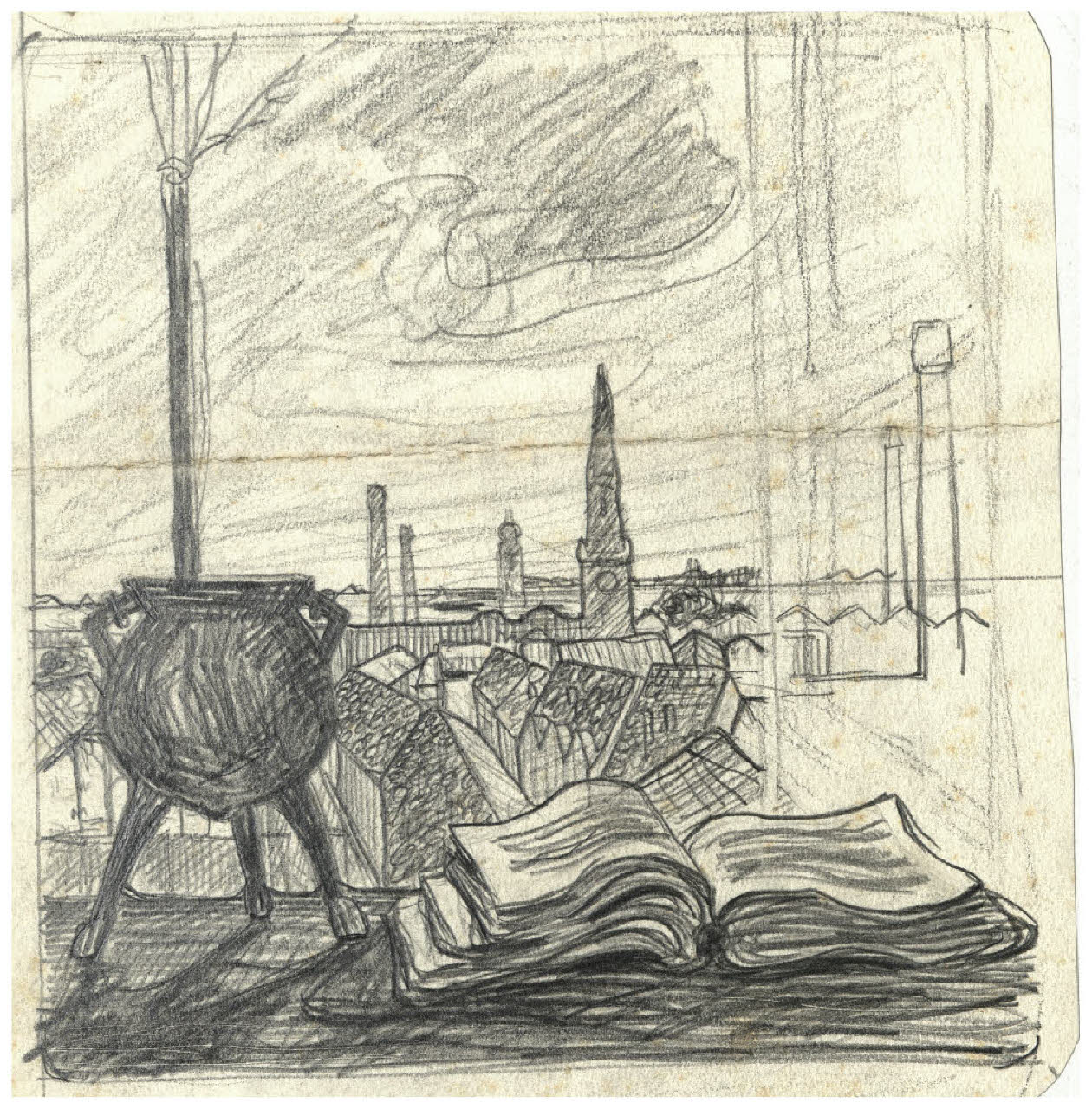 Libro aperto e vaso davanti a una finestra (disegno) di Disertori, Benvenuto Maria (prima metà sec. XX)