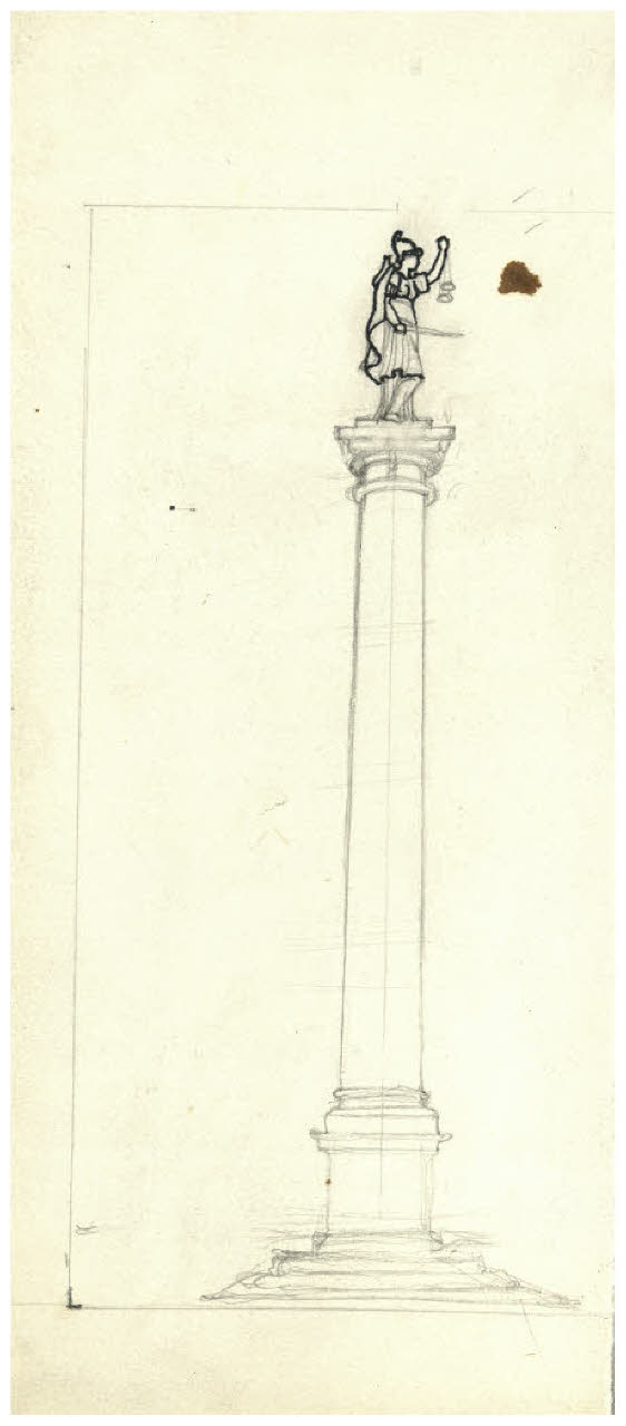 Statua della Giustizia al sommo di un'alta colonna (disegno) di Disertori, Benvenuto Maria (prima metà sec. XX)