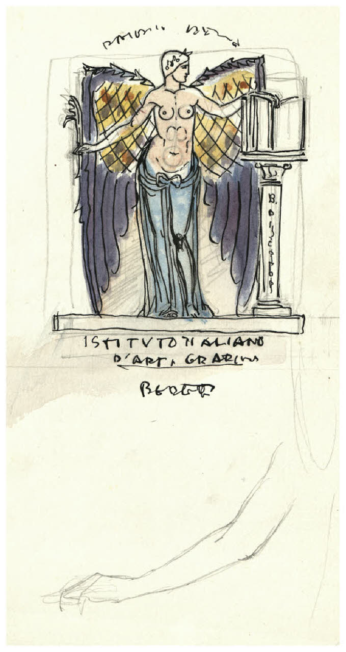 Gloria che sfoglia un libro aperto posto sopra una colonnina. Disegno preparatorio per una marca dell'Istituto d'Arti Grafiche di Bergamo (disegno) di Disertori, Benvenuto Maria (prima metà sec. XX)