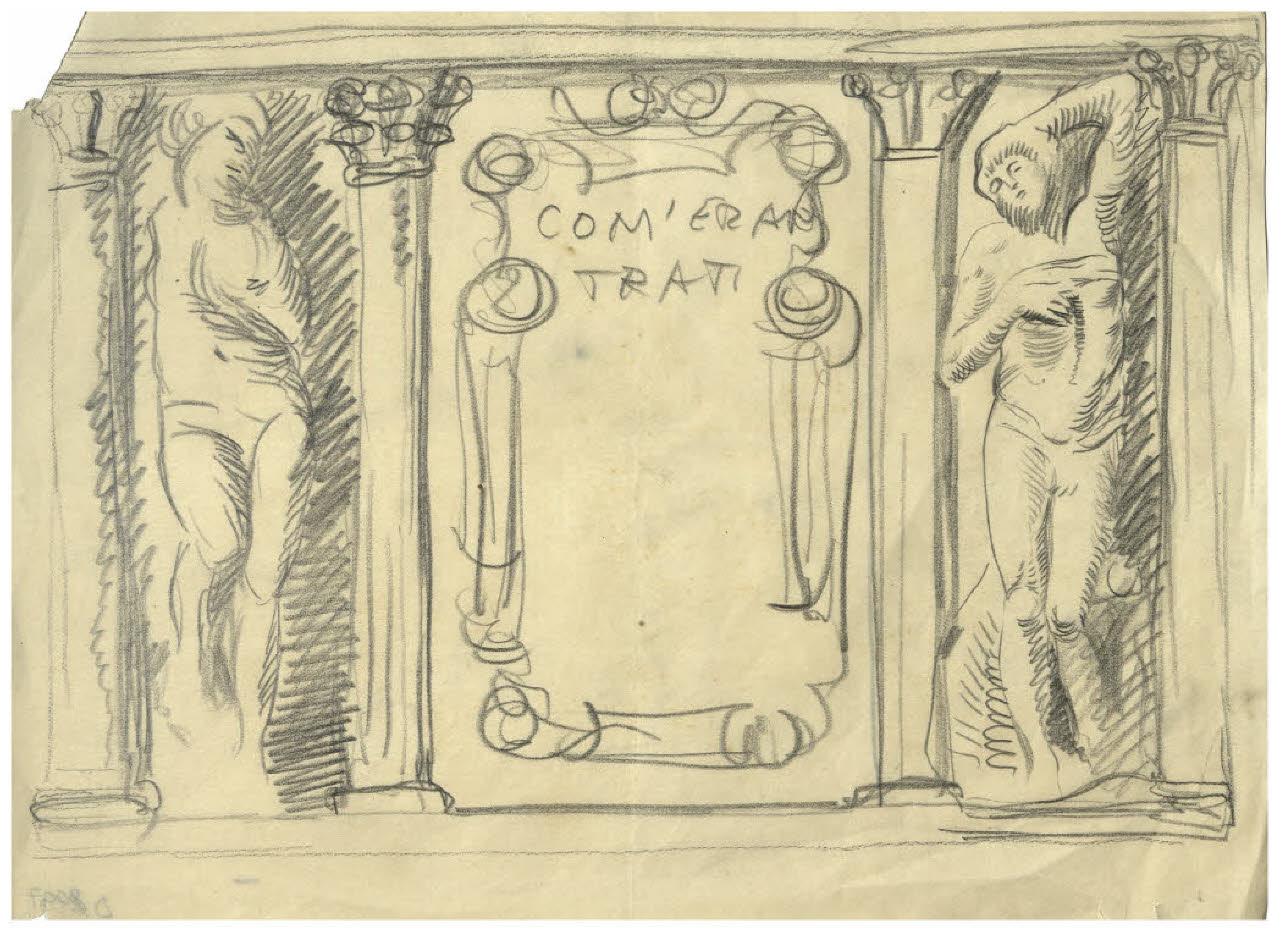 Fregio con i Prigioni di Michelangelo. Disegno preparatorio per illustrazione di R. Franchi, Come erano anticamente trattati i prigionieri di guerra, in "La Lettura. Rivista mensile del Corriere della Sera", settembre 1916, p. 846 (disegno) di Disertori, Benvenuto Maria (sec. XX)