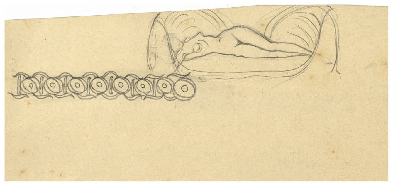 Figura femminile nuda su un divano. Studi per illustrazioni (disegno) di Disertori, Benvenuto Maria (prima metà sec. XX)